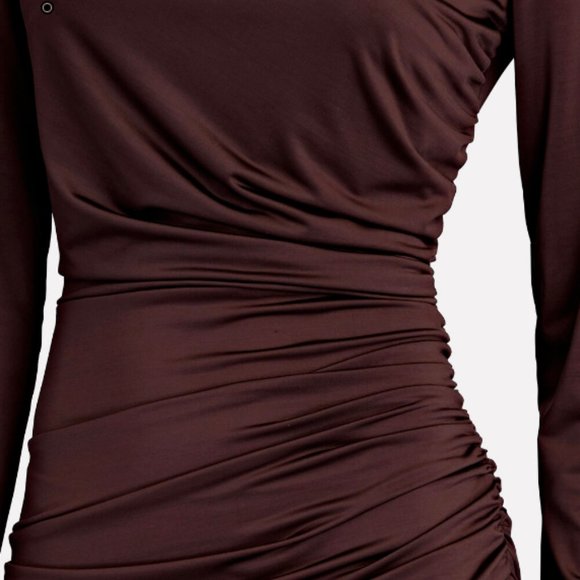 VERONICA BEARD TRISTANA ASYMMETRICAL RUCHED SATIN JERSEY OXBLOOD MIDI DRESS sz 8 - Picture 4 of 6